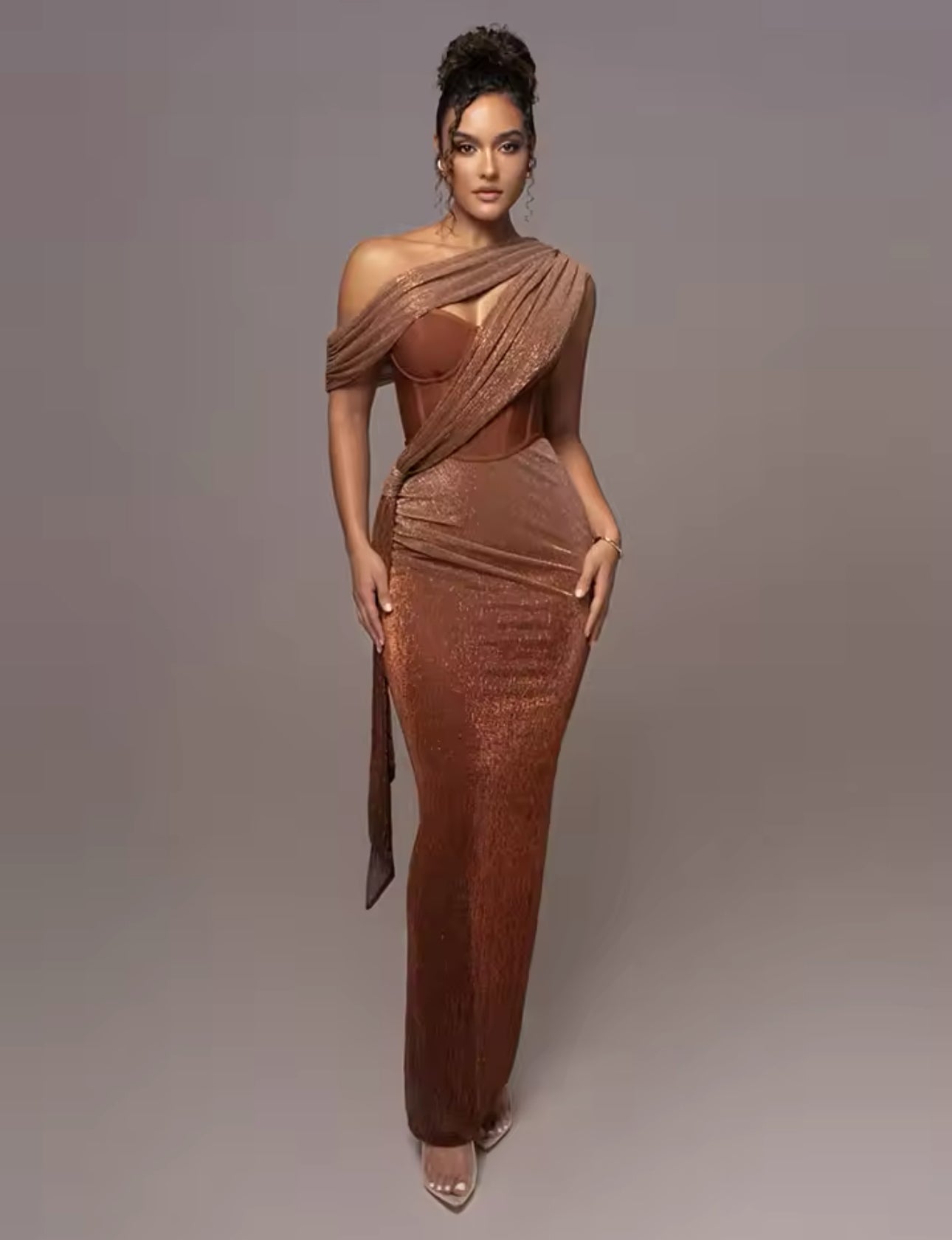 The Monix: One-Shoulder Glitter Corset Gown in Sparkling Brown