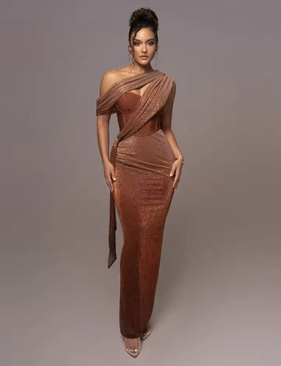 The Monix: One-Shoulder Glitter Corset Gown in Sparkling Brown