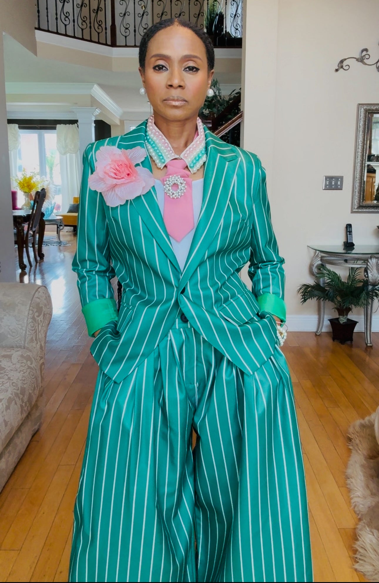 The Wynn Green Striped Wide Legged Palazzo Suit