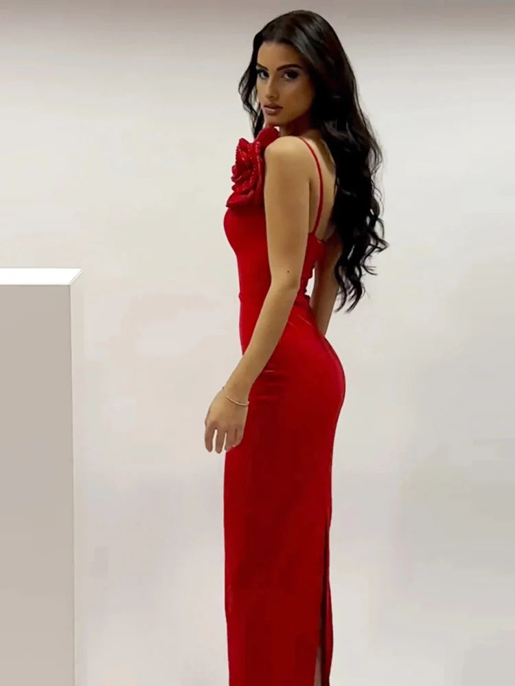Red Floral Maxi Dress - One Shoulder Bodycon with Diamonds for Evening Party