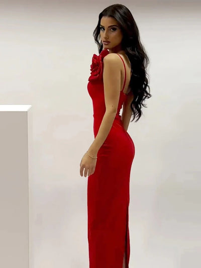 Red Floral Maxi Dress - One Shoulder Bodycon with Diamonds for Evening Party