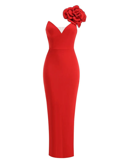 Red Floral Maxi Dress - One Shoulder Bodycon with Diamonds for Evening Party
