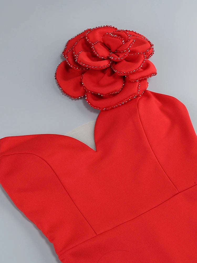 Red Floral Maxi Dress - One Shoulder Bodycon with Diamonds for Evening Party