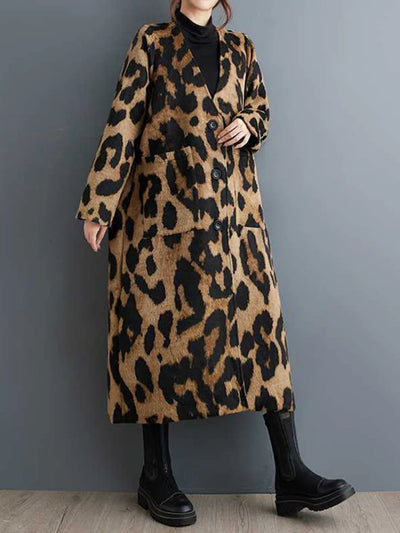 Fashionable Leopard Print Trench Coat | V-Neck, Loose Fit