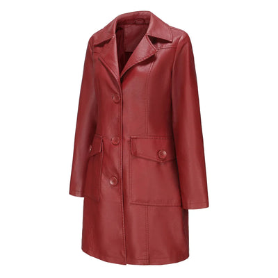Red PU Leather Waist Lace-Up Long Jacket - Women's Fashion Overcoat