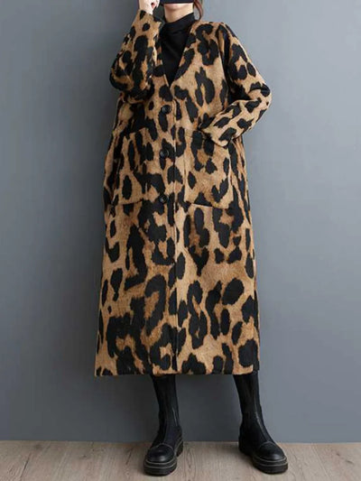 Fashionable Leopard Print Trench Coat | V-Neck, Loose Fit