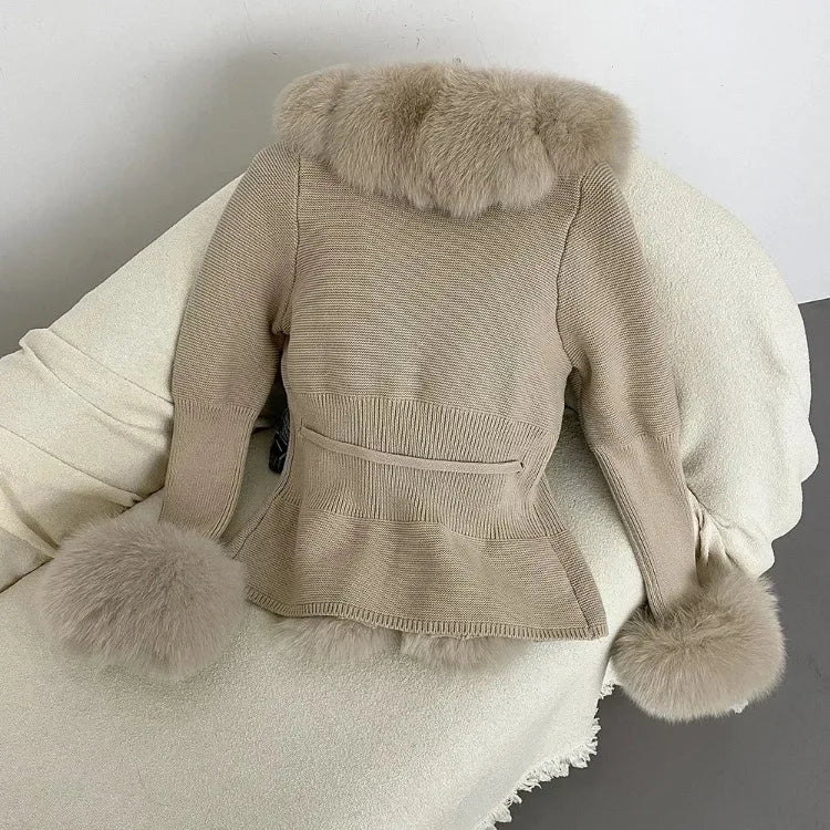 Women's Luxury Fur Coat with Detachable Fox Fur Collar - Autumn/Winter