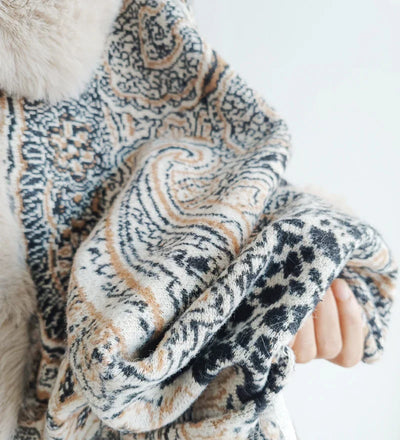 Soft Warm Wool Blend Cape Coat with Faux Fur and Tassels for Women