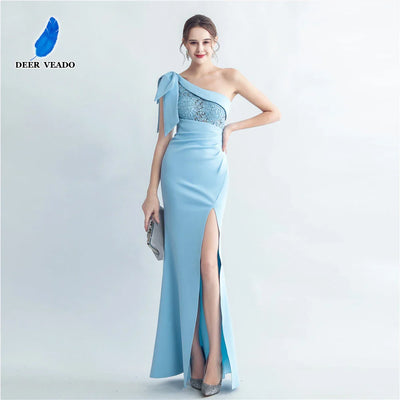 Candy Color Satin One-Shoulder Evening Dress with Slit and Appliques