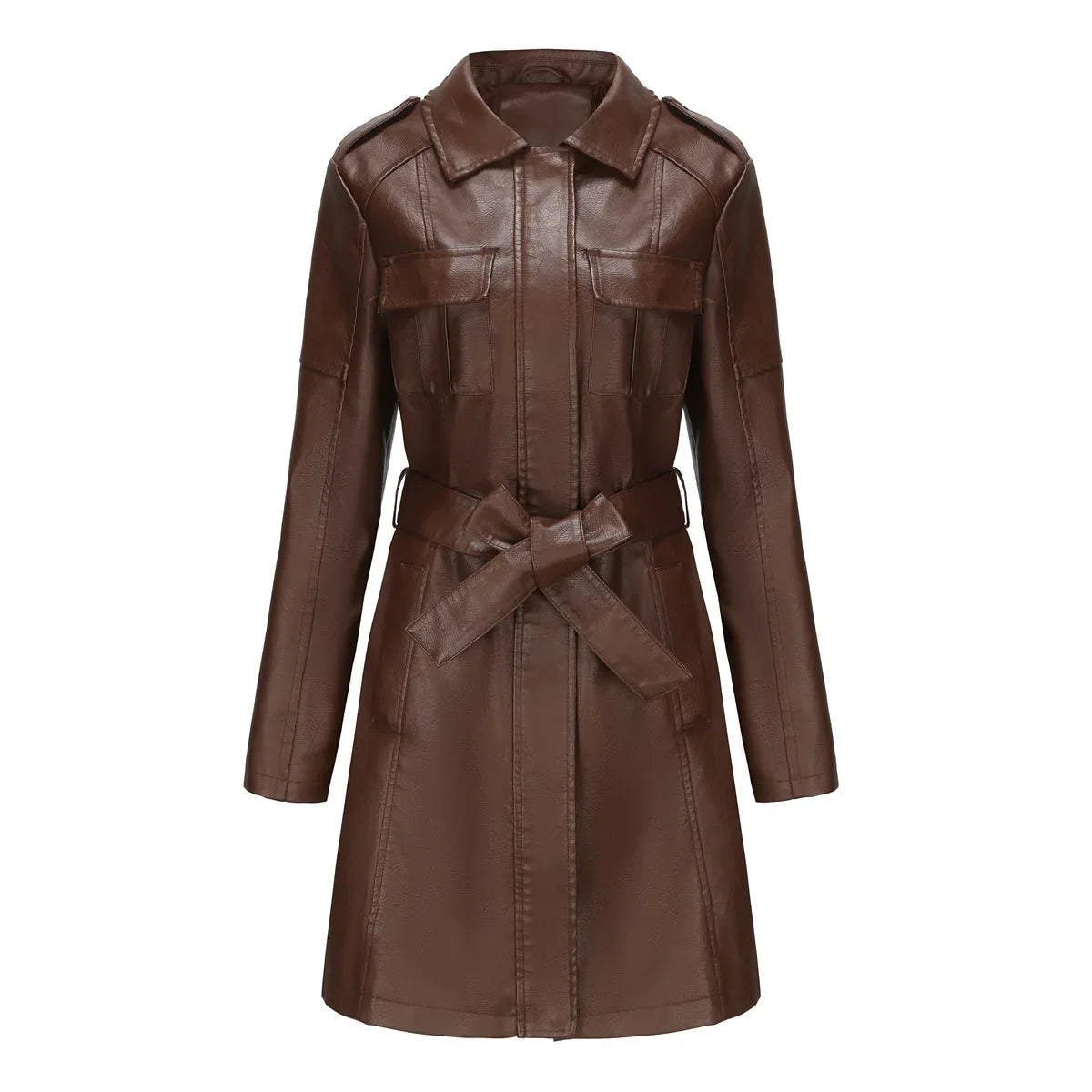 Red PU Leather Waist Lace-Up Long Jacket - Women's Fashion Overcoat