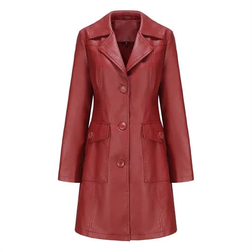 Red PU Leather Waist Lace-Up Long Jacket - Women's Fashion Overcoat