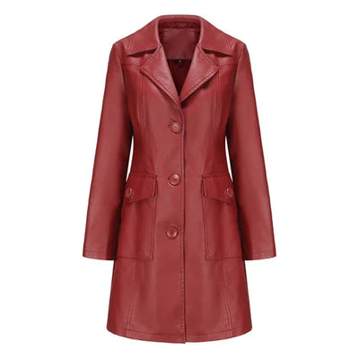 Red PU Leather Waist Lace-Up Long Jacket - Women's Fashion Overcoat