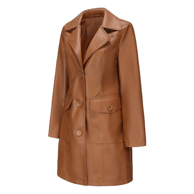 Red PU Leather Waist Lace-Up Long Jacket - Women's Fashion Overcoat
