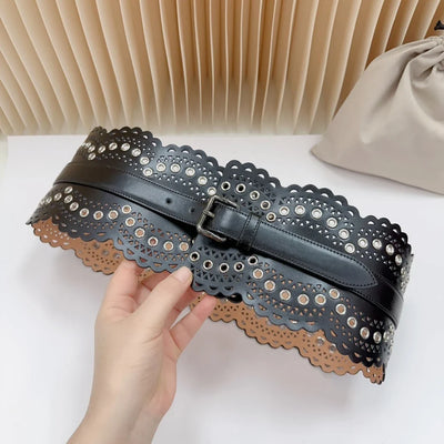 12 CM Wide Hollow Pattern Pin Buckle Waist Belt - Handmade Luxury Accessory
