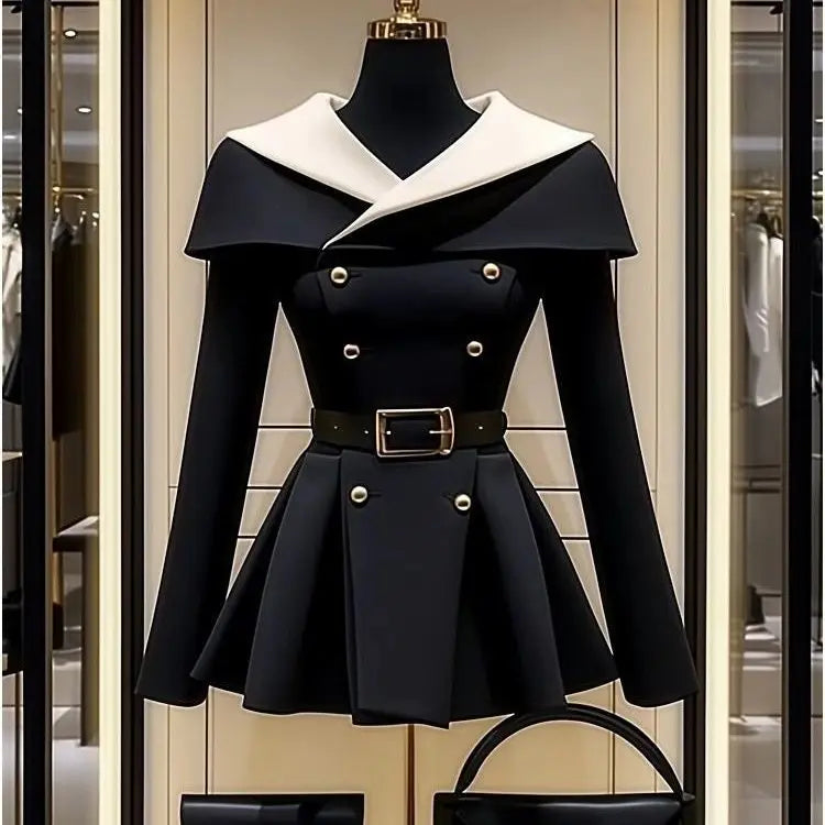 Black Belted Waist Suit Jacket for Women | Stylish Spring/Autumn Coat