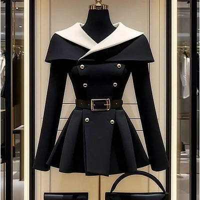 Black Belted Waist Suit Jacket for Women | Stylish Spring/Autumn Coat