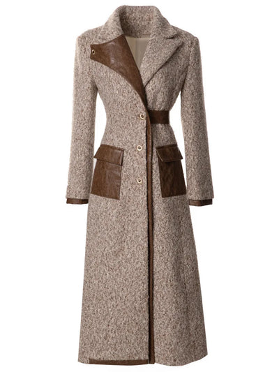 Women Elegant Patchwork Windbreaker with PU Leather Splice and Belt