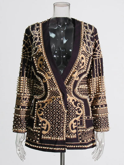 High Street Women's Blazer - V Neck, Long Sleeve, Embroidered Flares, Colorblock Design