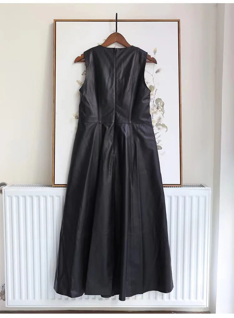 Leather Midi Dress - Sleeveless Pleated Skirt
