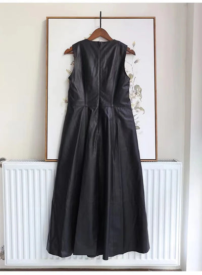 Leather Midi Dress - Sleeveless Pleated Skirt