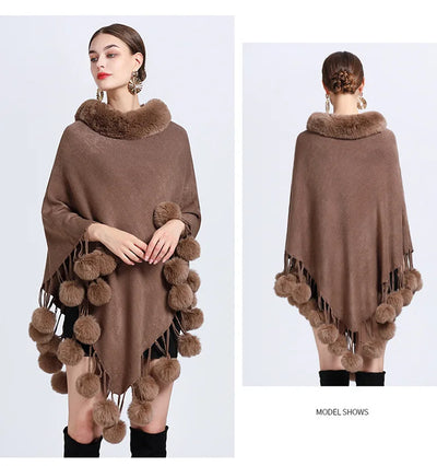 Poncho Scarf with Faux Fur Collar and Fringed Shawl
