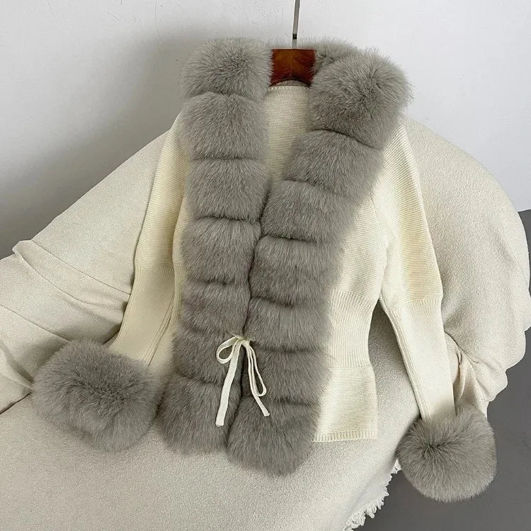 Women's Luxury Fur Coat with Detachable Fox Fur Collar - Autumn/Winter
