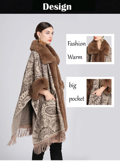 Soft Warm Wool Blend Cape Coat with Faux Fur and Tassels for Women