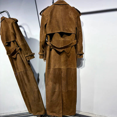 Long Real Leather Trench Coat for Women - Double Breasted Suede