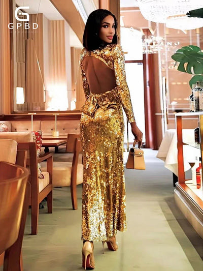 Gold Sequin Backless Evening Dress with Bow - Slim Fit, Long Sleeves
