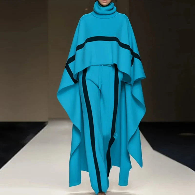 Casual Color Blocked Loose 2-Piece Winter Set - Turtleneck Cloak Top & Pants