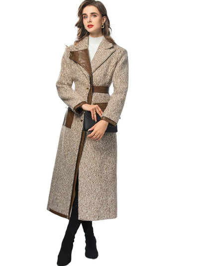 Women Elegant Patchwork Windbreaker with PU Leather Splice and Belt