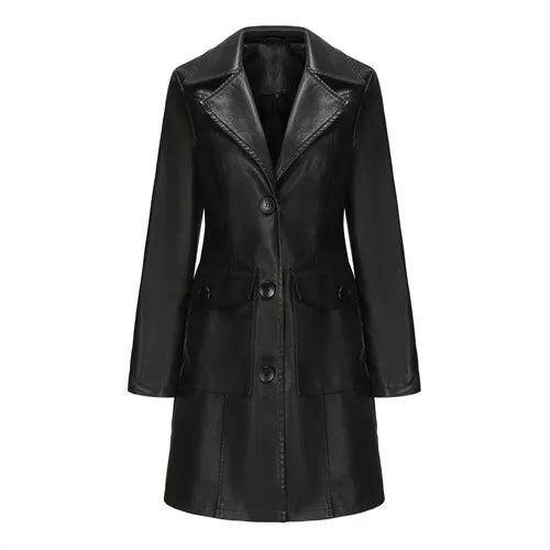 Red PU Leather Waist Lace-Up Long Jacket - Women's Fashion Overcoat