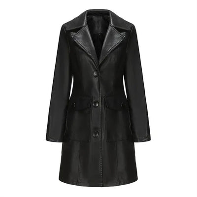 Red PU Leather Waist Lace-Up Long Jacket - Women's Fashion Overcoat