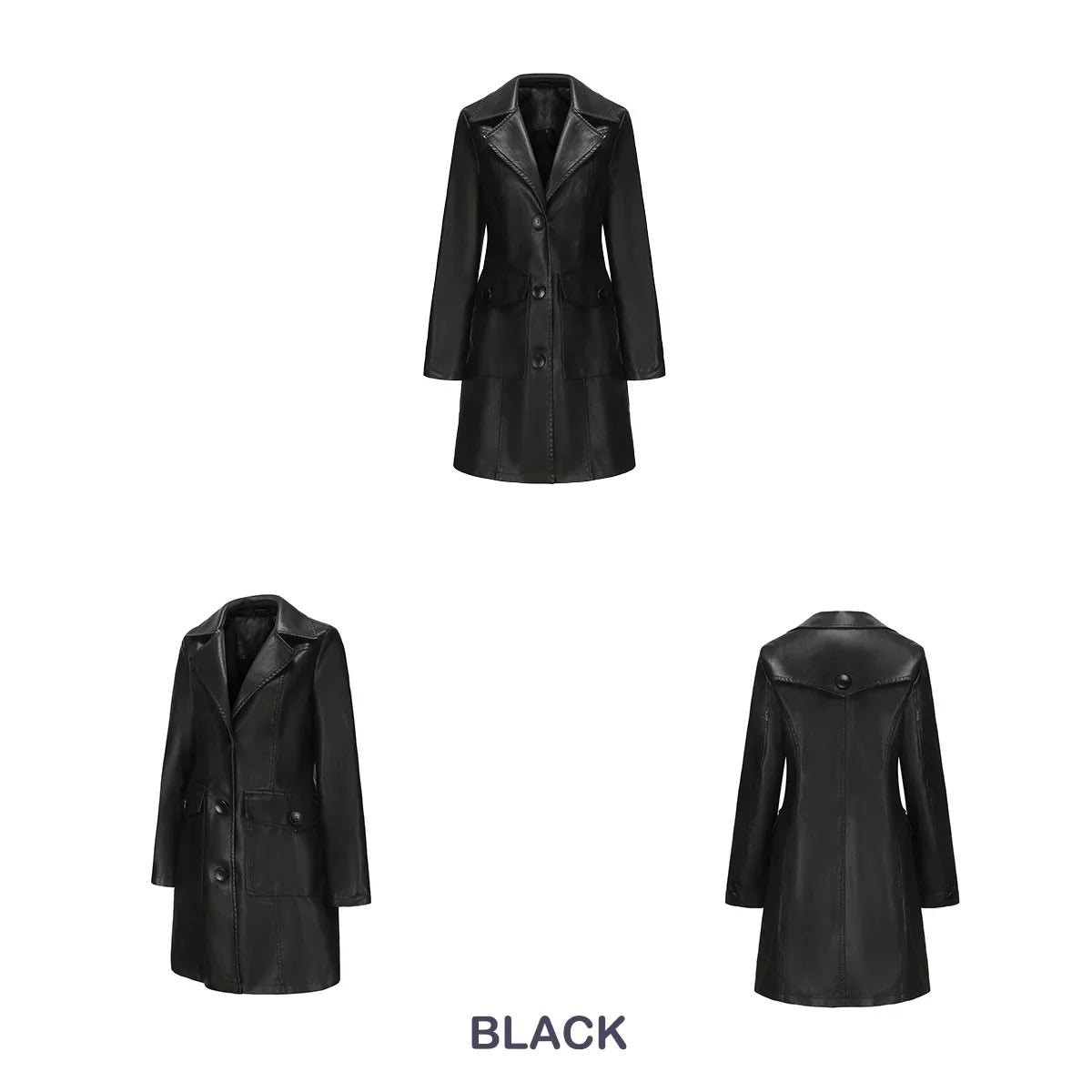 Red PU Leather Waist Lace-Up Long Jacket - Women's Fashion Overcoat