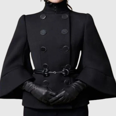 Women's Black High-Neck Buttoned Jacket with Flared Sleeves