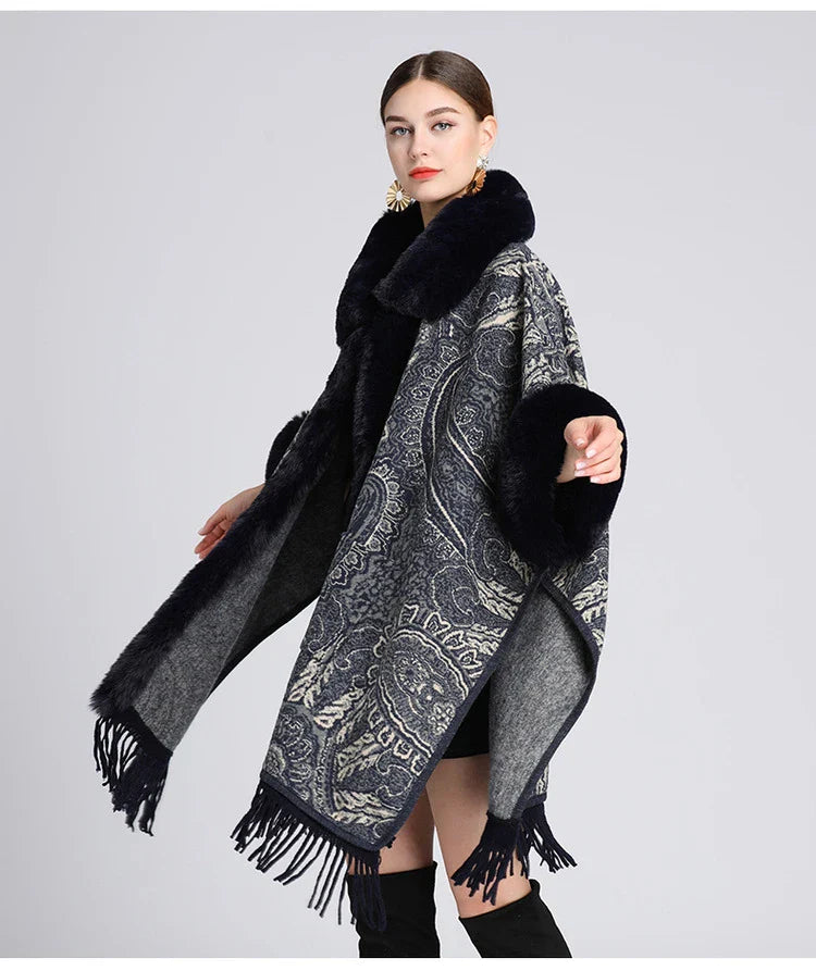 Soft Warm Wool Blend Cape Coat with Faux Fur and Tassels for Women