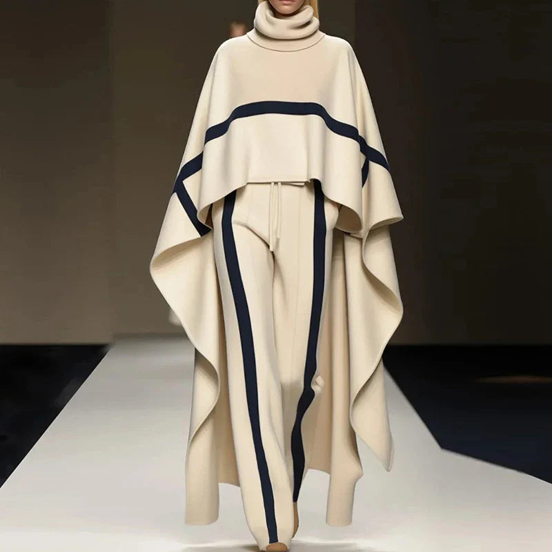 Casual Color Blocked Loose 2-Piece Winter Set - Turtleneck Cloak Top & Pants