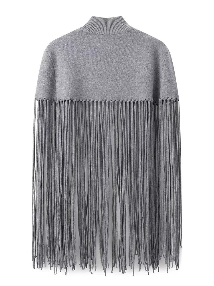 Solid Fringe Knitted Pullover Cloak for Women | Turtleneck Sleeveless Pullover