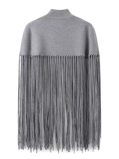 Solid Fringe Knitted Pullover Cloak for Women | Turtleneck Sleeveless Pullover