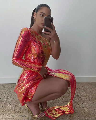 Women’s Green Pink Gold Sequined One Shoulder Party Dress