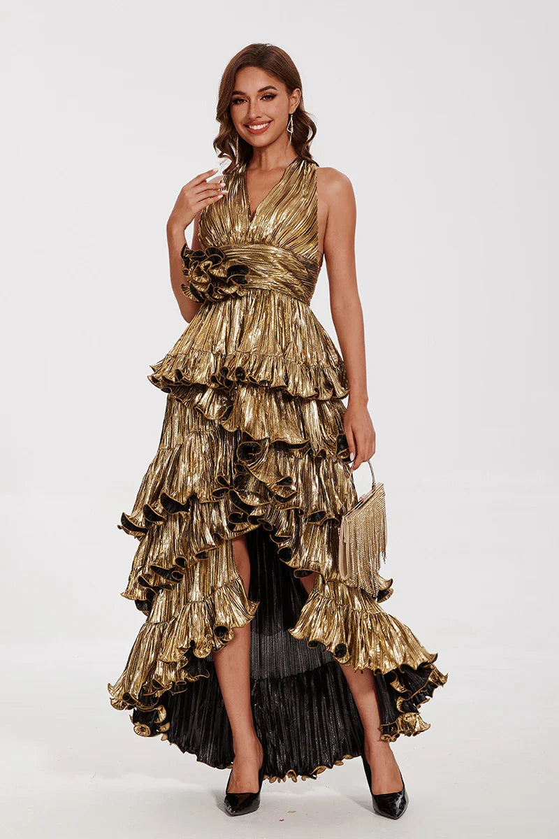 Elegant Ruffle Maxi Prom Dress - Sleeveless V-Neck Evening Gown