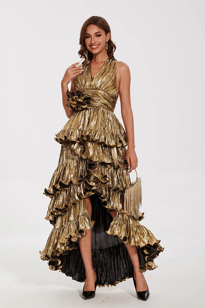 Elegant Ruffle Maxi Prom Dress - Sleeveless V-Neck Evening Gown