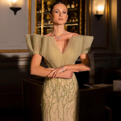 Luxury Dubai Sage Green Mermaid Evening Dress - Off Shoulder Formal Party Gown