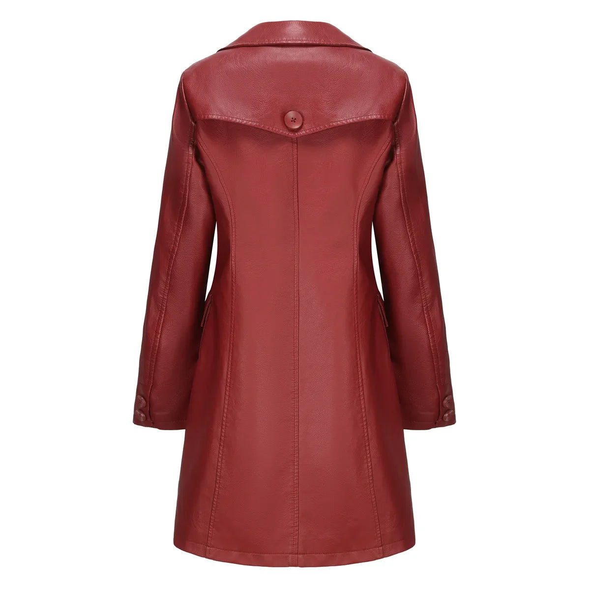 Red PU Leather Waist Lace-Up Long Jacket - Women's Fashion Overcoat