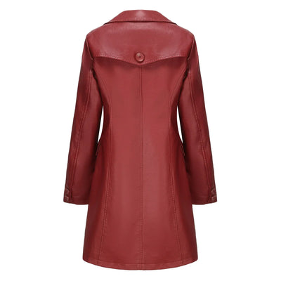 Red PU Leather Waist Lace-Up Long Jacket - Women's Fashion Overcoat