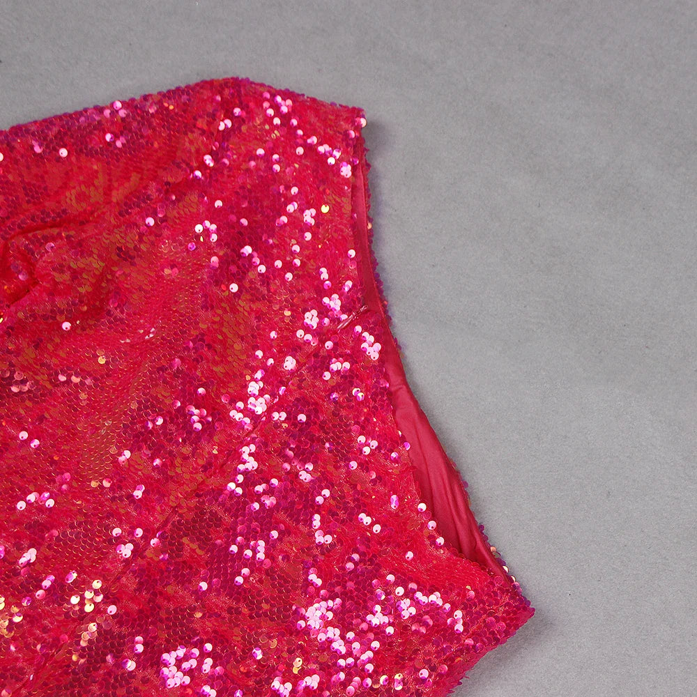 Women’s Green Pink Gold Sequined One Shoulder Party Dress