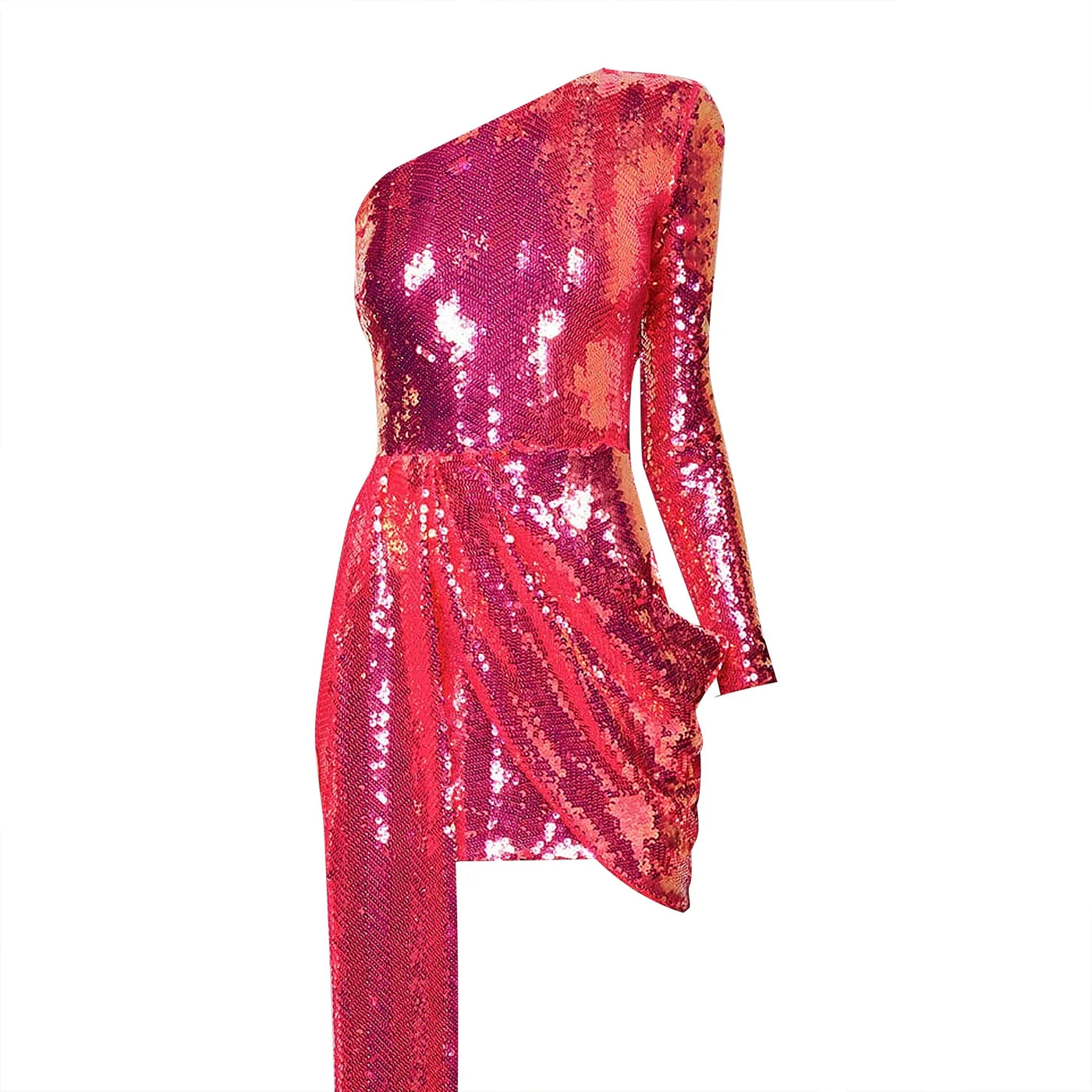 Women’s Green Pink Gold Sequined One Shoulder Party Dress
