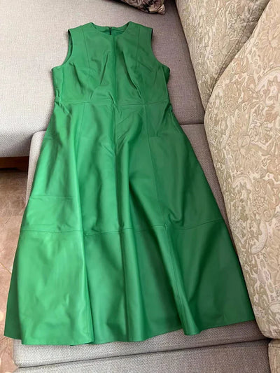Leather Midi Dress - Sleeveless Pleated Skirt