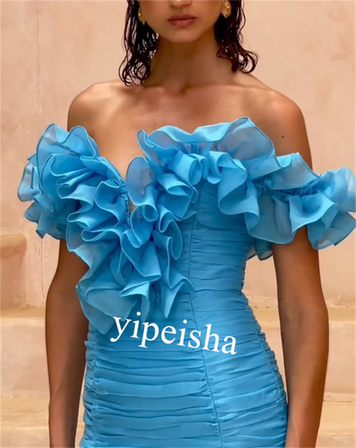 Customized Off-Shoulder Mini Graduation Dress with Flower Pleats
