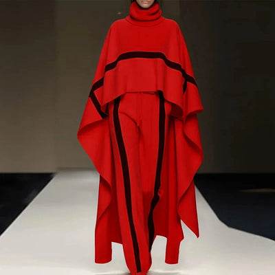 Casual Color Blocked Loose 2-Piece Winter Set - Turtleneck Cloak Top & Pants